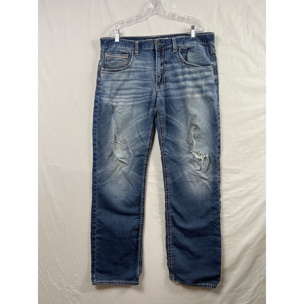 BKE Jake Jeans Mens 36R Blue Medium Wash Distressed Straight Leg Thick Stitch